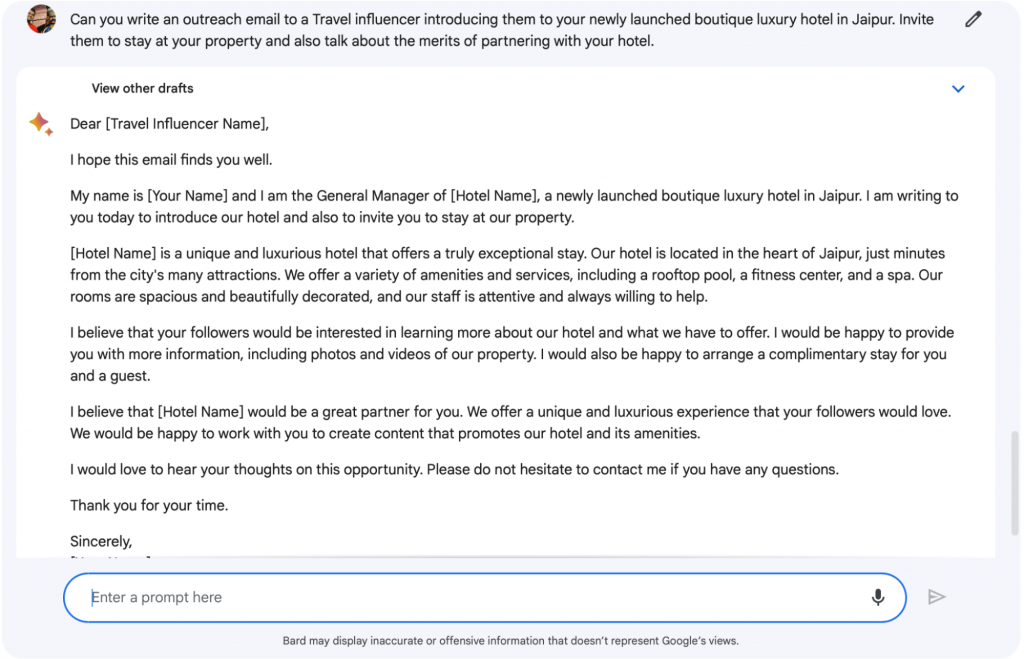 Screenshot from Bard -Influencer Outreach Email 